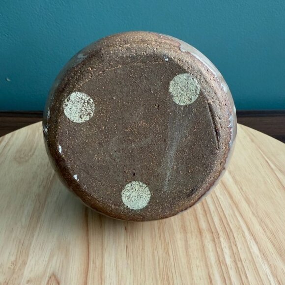 Vintage Handcrafted Asian Stoneware Vase Grayish White Brown Geometric - Picture 8 of 10